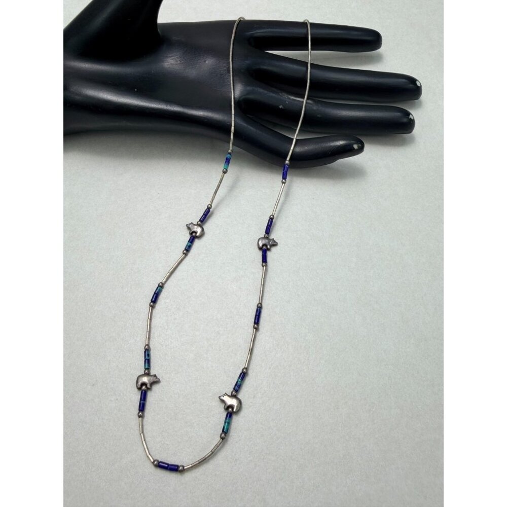 Vintage Zuni Sterling Silver Bear Turquoise Beaded Necklace Southwestern Native